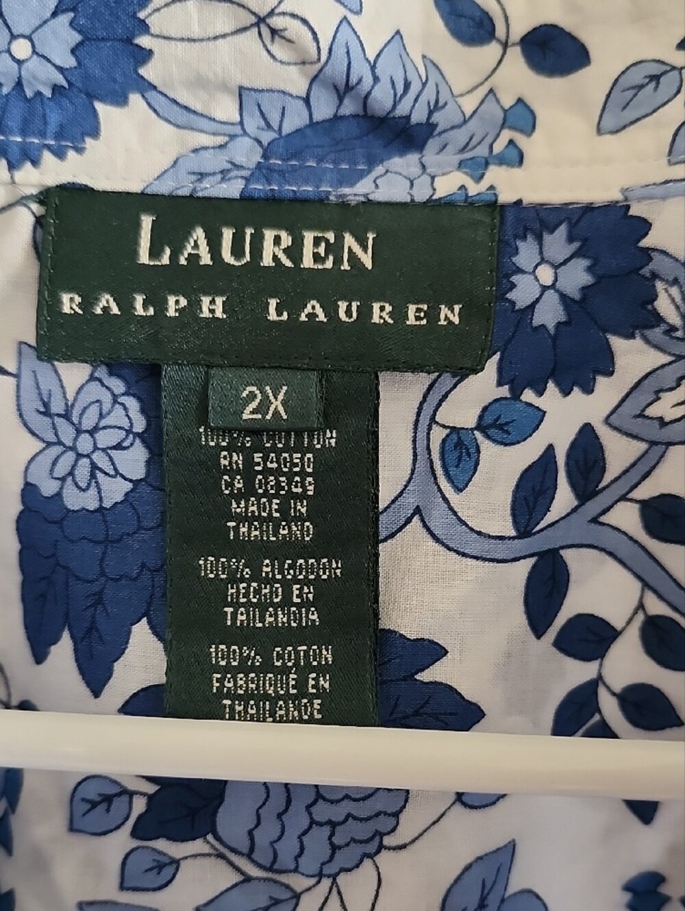 Lauren Ralph Lauren White Button Down Shirt with Blue Floral Print 2x - Picture 2 of 5